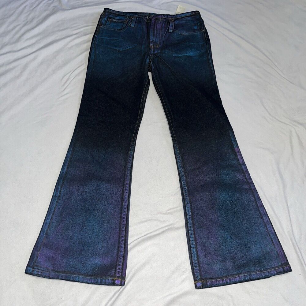 Deadstock Y2K LEI Low Waist Junior Sz 14 Multi Color Spray Painted Jeans Flare